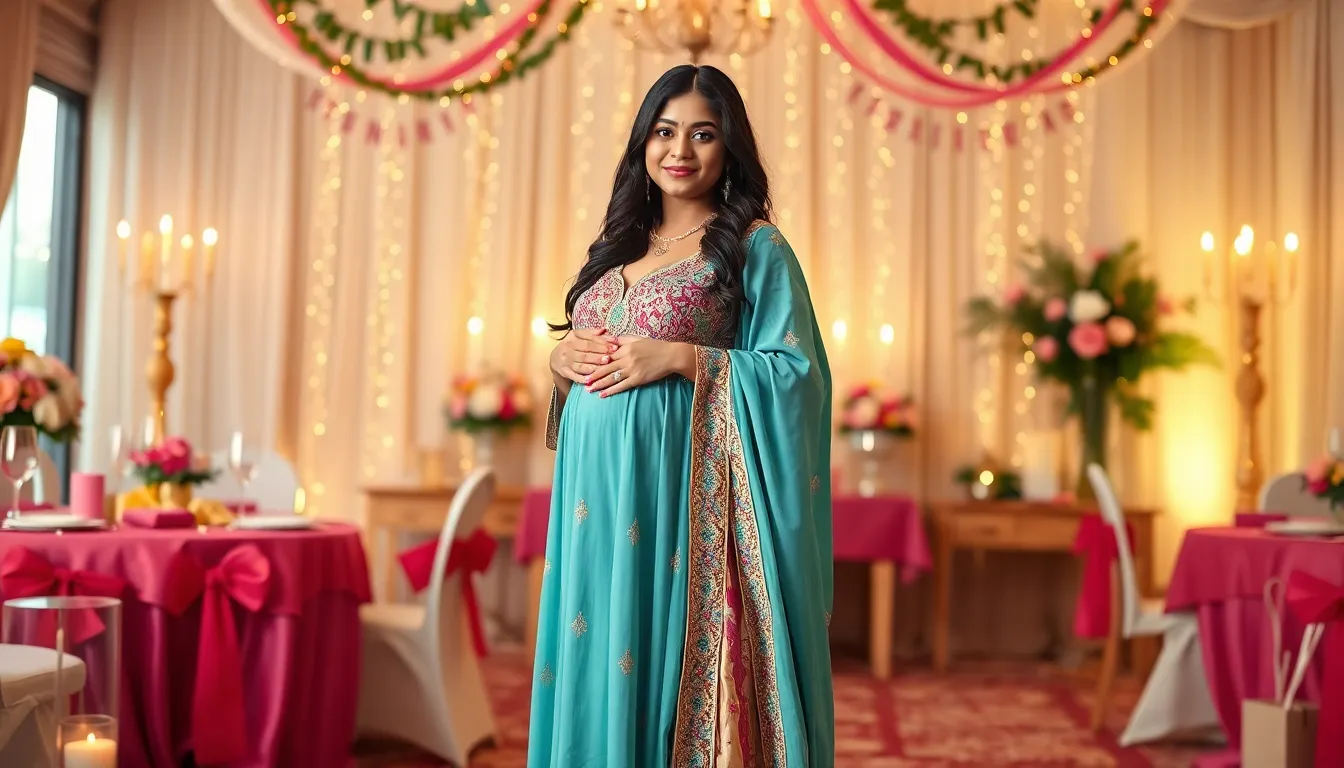 15 Stunning Indian Baby Shower Looks for Expecting Moms That'll Make You Glow 4 15 Stunning Indian Baby Shower Looks for Expecting Moms That'll Make You Glow 3