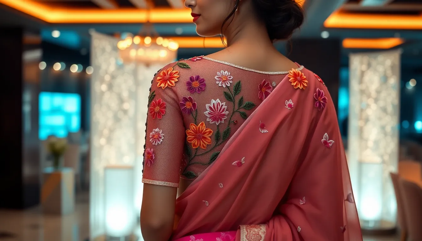 25 Stunning Net Saree Blouse Designs for Party Wear That'll Make You Stand Out 4 25 Stunning Net Saree Blouse Designs for Party Wear That'll Make You Stand Out 3