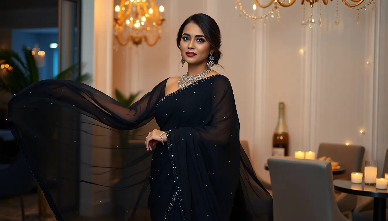 15 Stunning Black Saree Party Wear Fashion Styles That'll Make You Stand Out 5