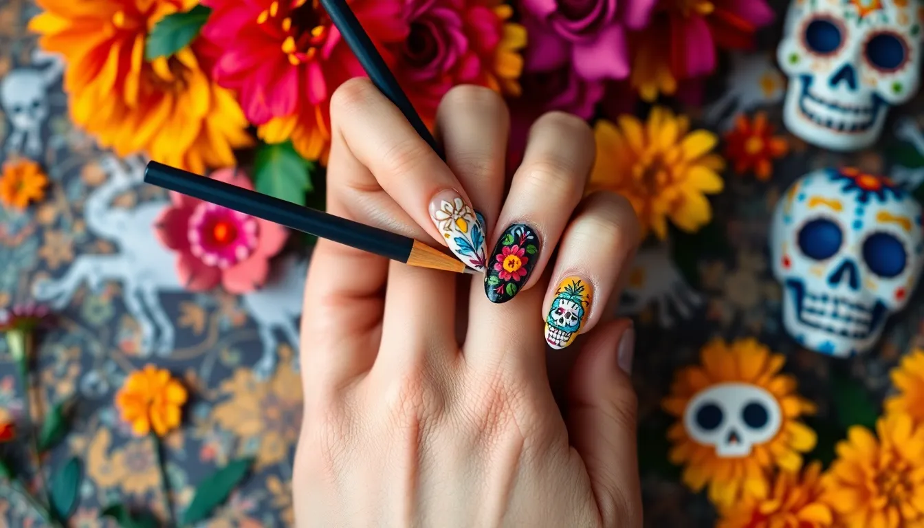 25 Stunning Dia de los Muertos Nail Ideas to Honor Your Loved Ones 11