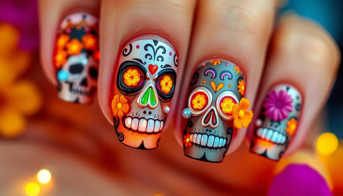 25 Stunning Dia de los Muertos Nail Ideas to Honor Your Loved Ones 13