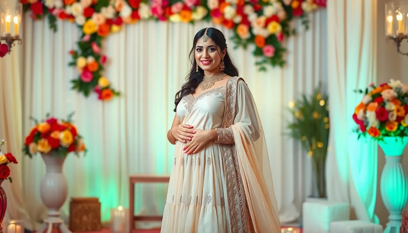15 Stunning Indian Baby Shower Looks for Expecting Moms That'll Make You Glow 2 15 Stunning Indian Baby Shower Looks for Expecting Moms That'll Make You Glow 1