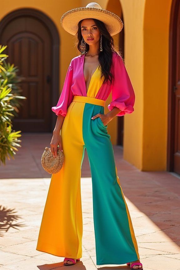 70s floral jumpsuit with festive accessories