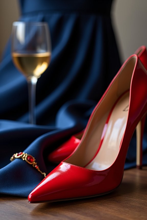 bold red heels paired with navy dress