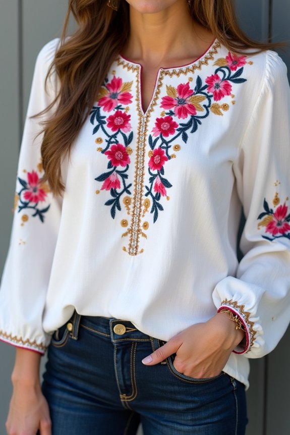 embroidered blouse with dark jeans